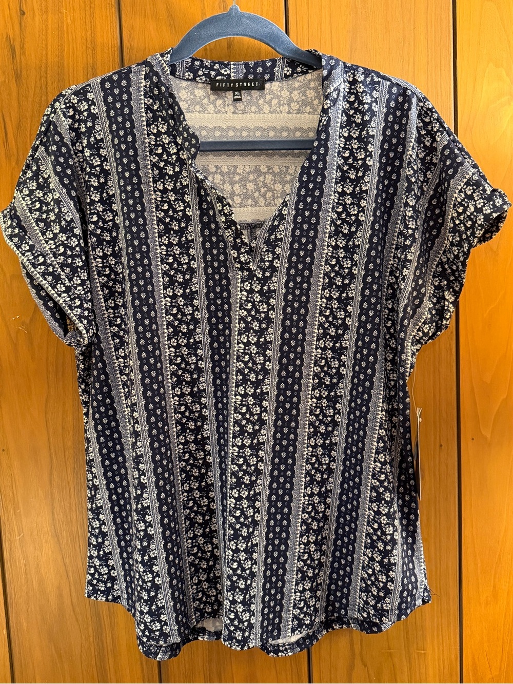 Fifty Street Navy Floral Stripe Split-Neck Blouse